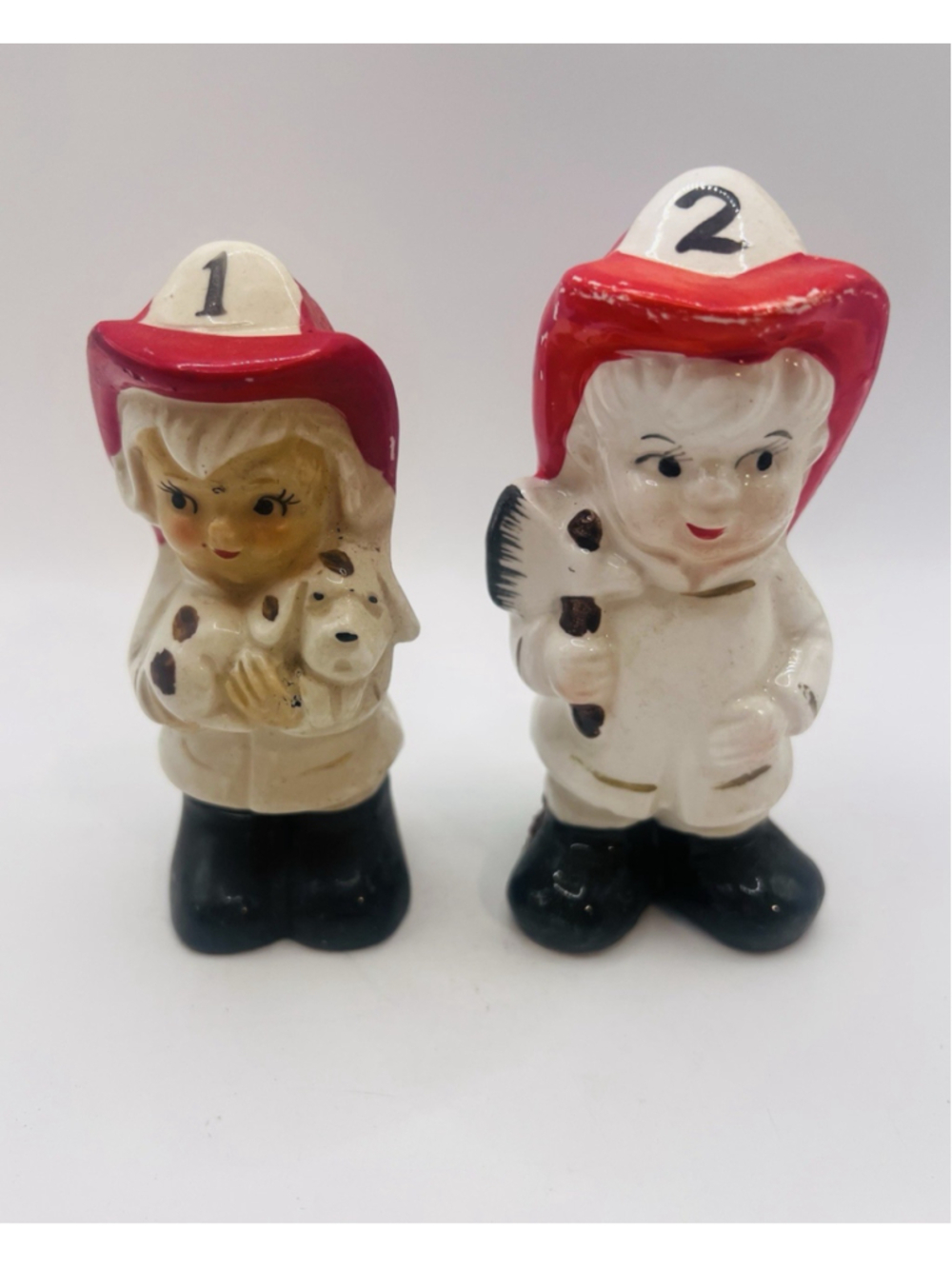 Vintage LEGO Japan Firefighter Salt & Pepper Shakers Boy Girl Dalmatian Fireman